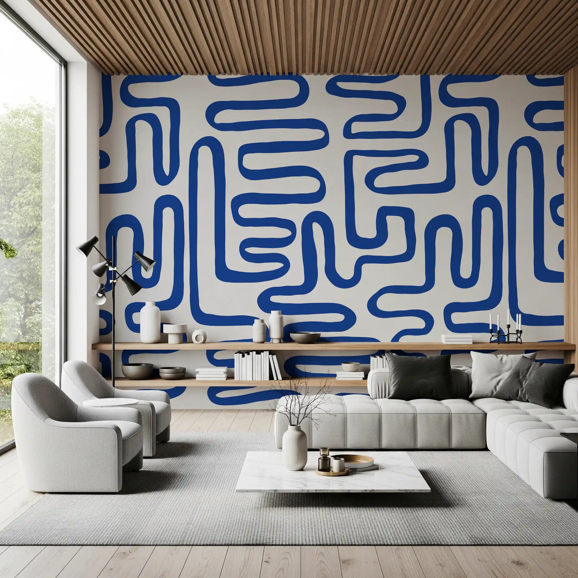 Cobalt Meandering Line Abstract Wall Mural