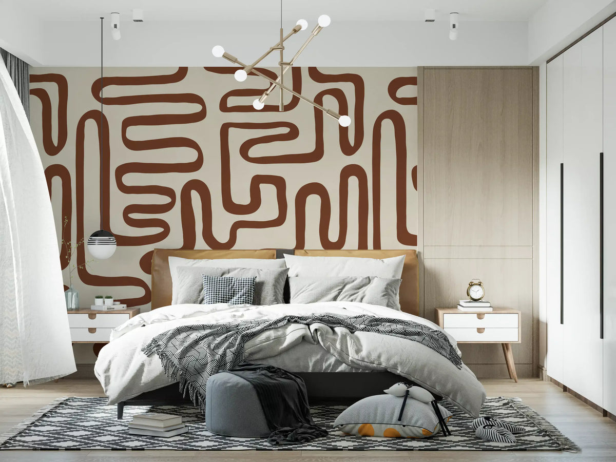 Earthy brown maze line abstract wall mural on creamy beige ground GD11368