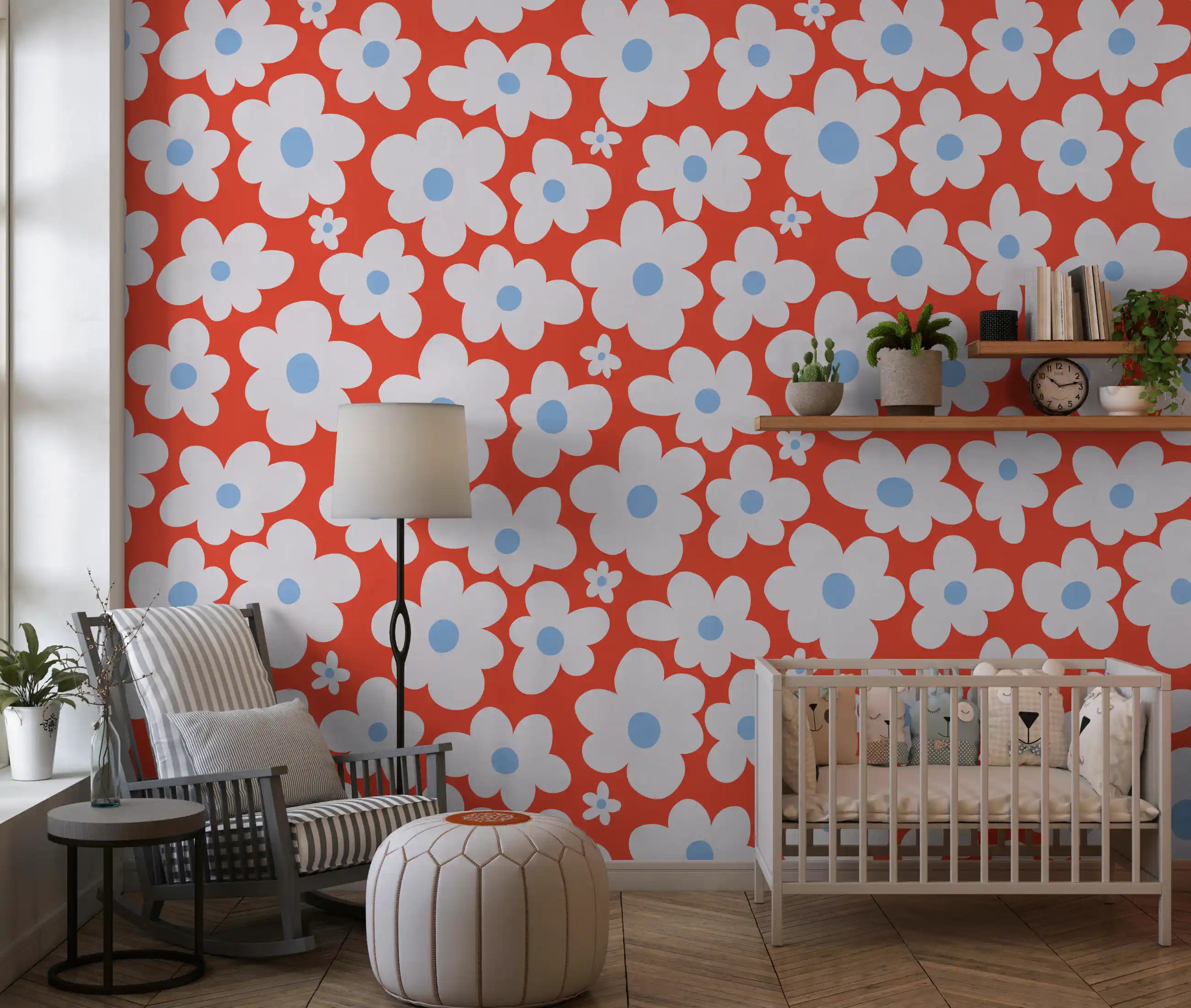 Retro white daisy floral wall mural on a warm terracotta ground GD11370