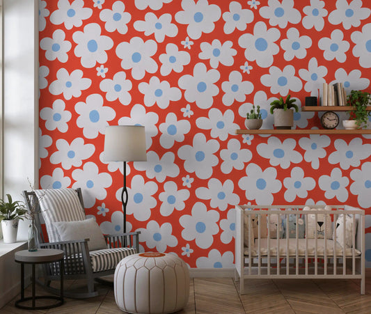 Retro white daisy floral wall mural on a warm terracotta ground GD11370
