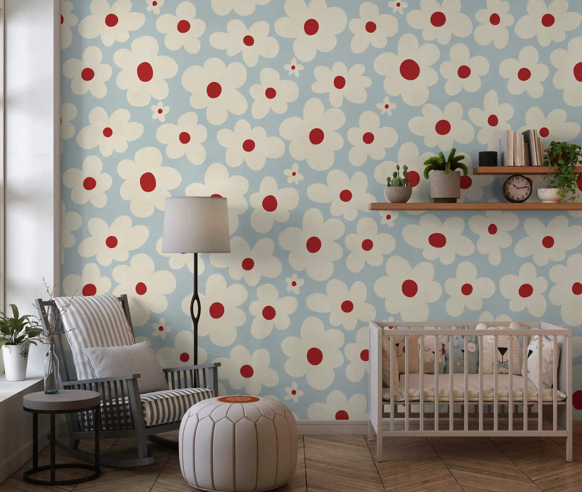 Retro Cream and Red Floral Blooms Wall Mural