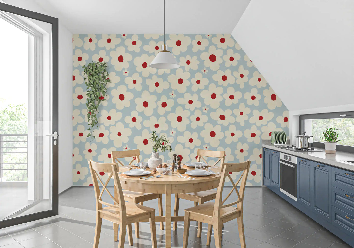 Retro Cream and Red Floral Blooms Wall Mural