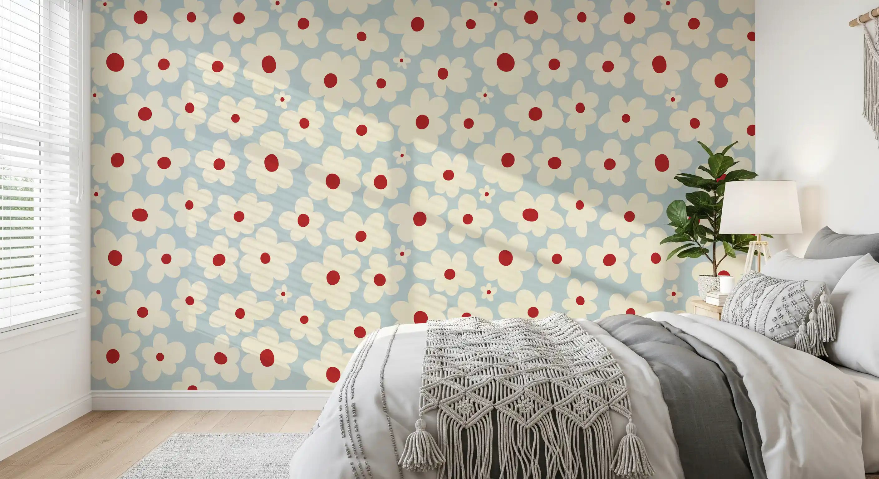 Retro cream daisy floral wall mural on a soft dusty-blue ground GD11371