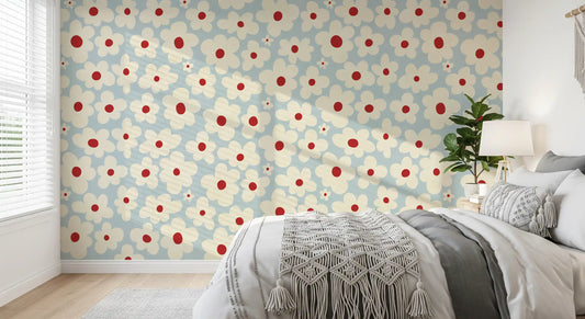 Retro cream daisy floral wallpaper on a soft dusty-blue ground GD11371