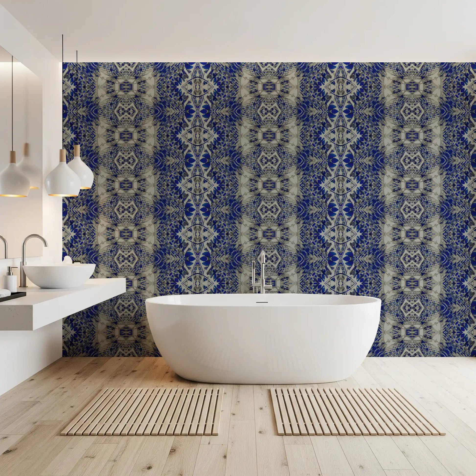 Blue & Gray Abstract Ornamental Geometric Wallpaper - AMBER DESIGN Wallpaper