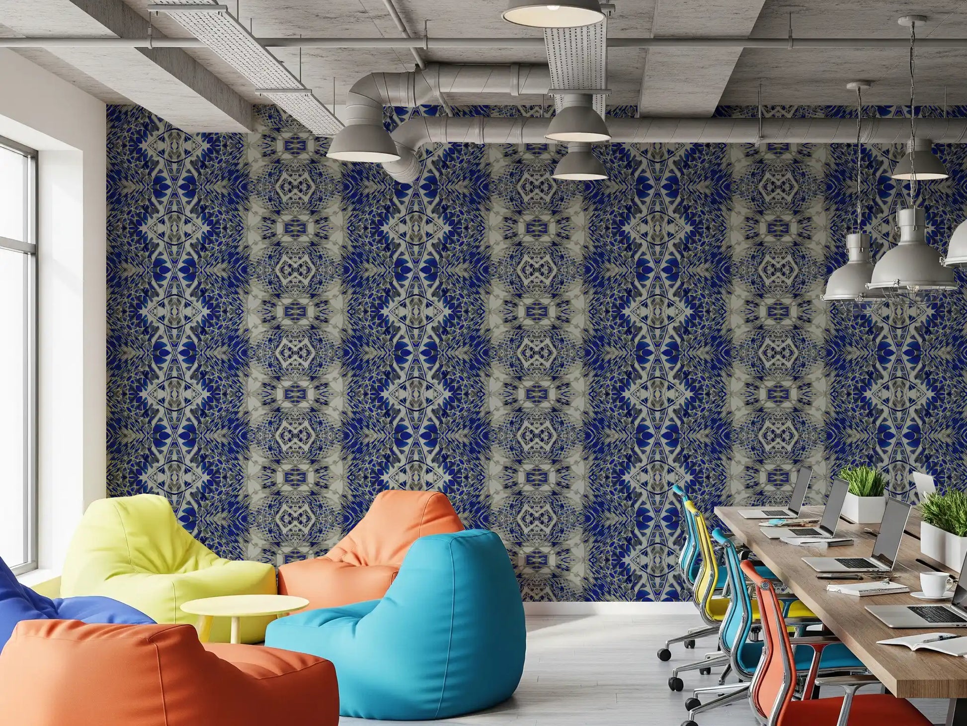 Blue & Gray Abstract Ornamental Geometric Wallpaper - AMBER DESIGN Wallpaper