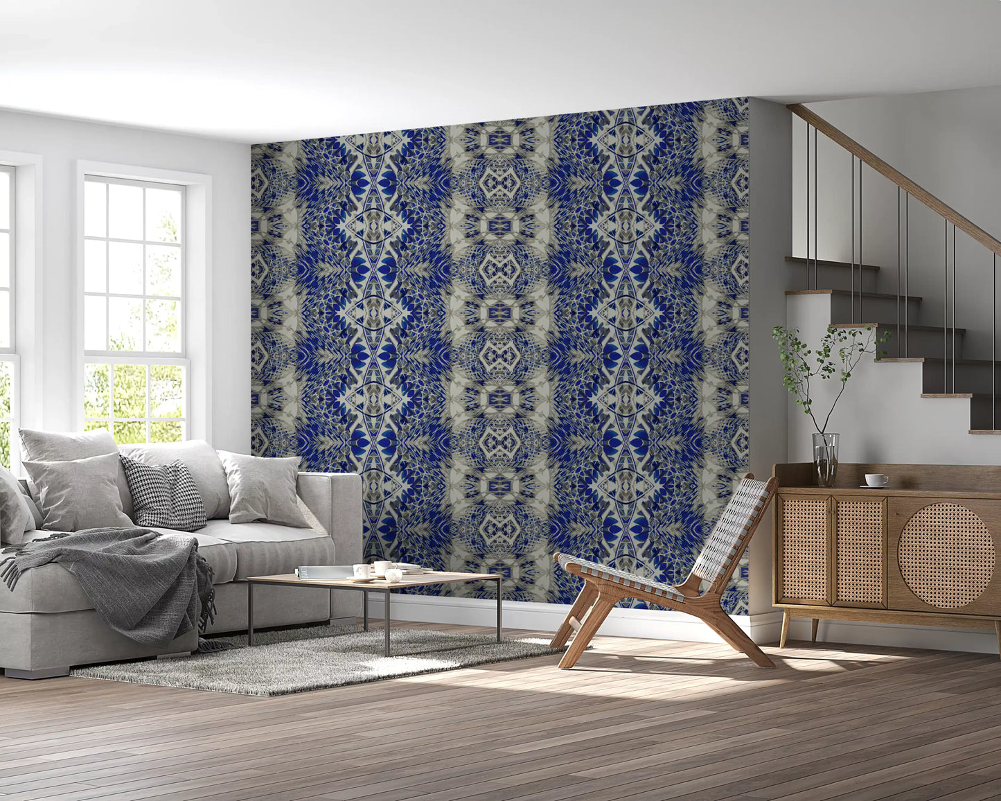 Blue & Gray Abstract Ornamental Geometric Wallpaper - AMBER DESIGN Wallpaper
