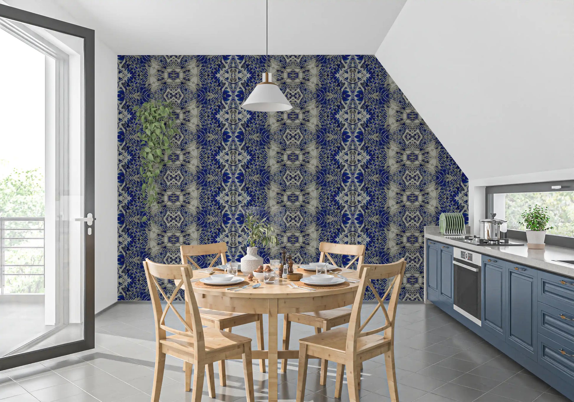 Blue & Gray Abstract Ornamental Geometric Wallpaper - AMBER DESIGN Wallpaper
