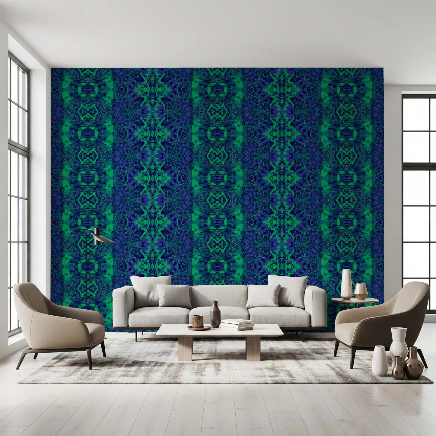 Blue & Green Abstract Ornamental Geometric Wallpaper - AMBER DESIGN Wallpaper