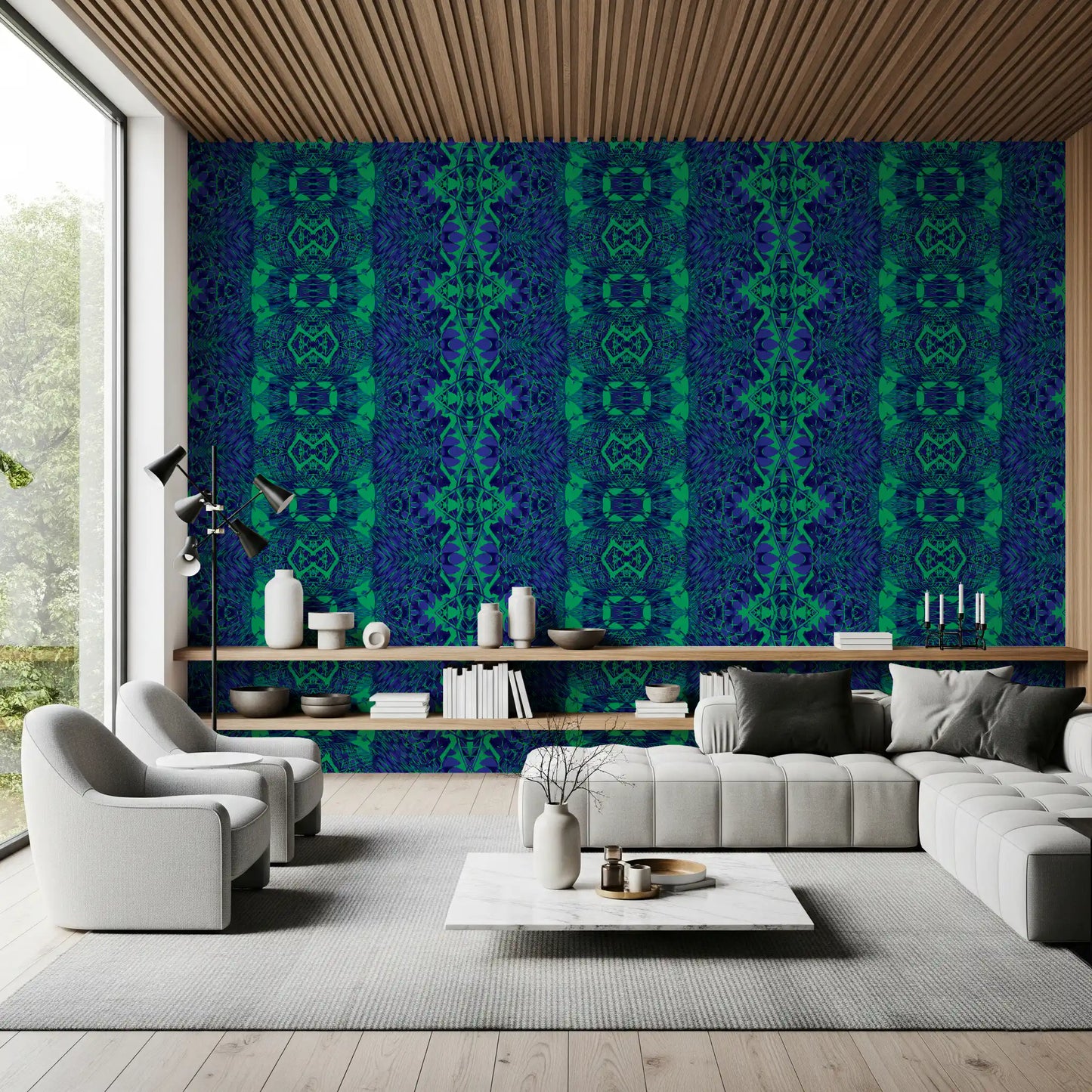 Blue & Green Abstract Ornamental Geometric Wallpaper - AMBER DESIGN Wallpaper