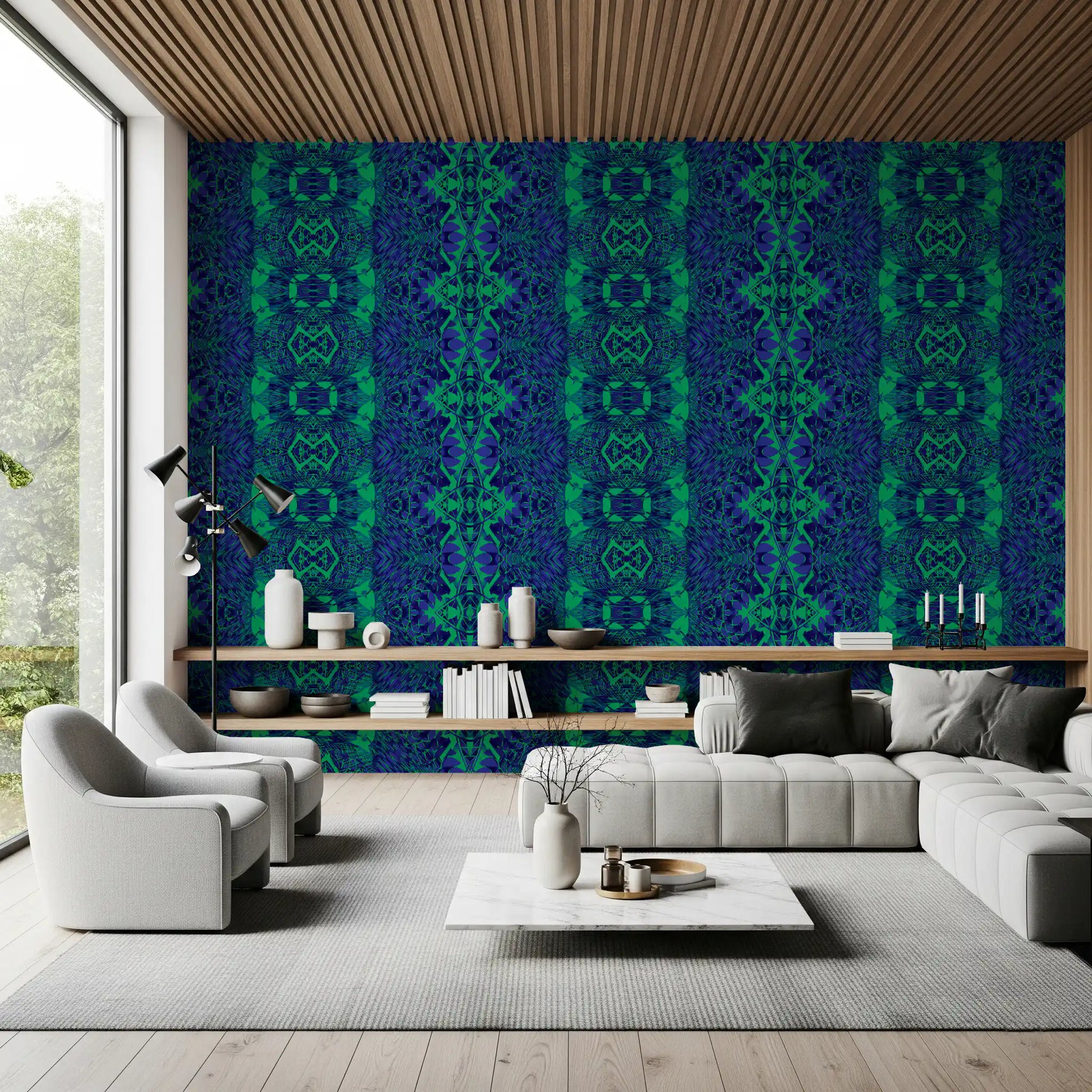Blue & Green Abstract Ornamental Geometric Wallpaper - AMBER DESIGN Wallpaper
