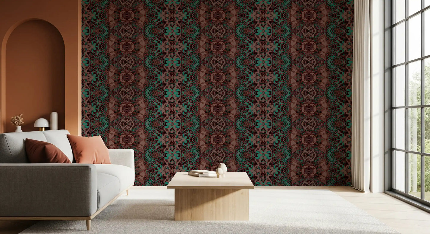 Teal & Brown Intricate Abstract Ornamental Wallpaper - AMBER DESIGN Wallpaper