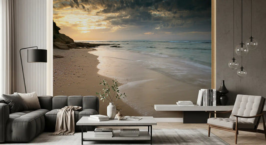 Golden hour coastal wall mural with waves washing over sandy beach GD11376