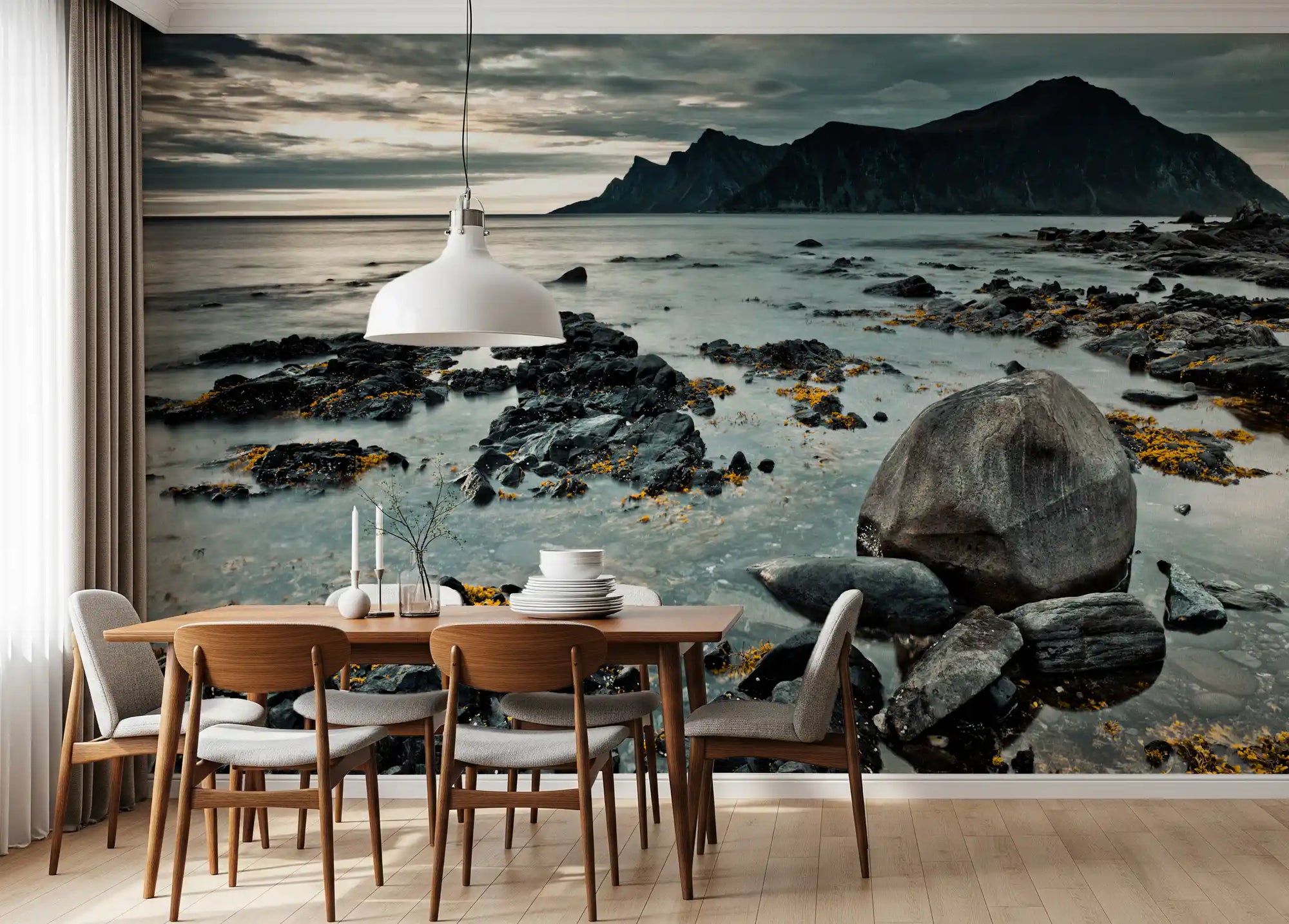 Coastal mountain wall mural with dark rocks and golden seaweed shore in dining room GD11377