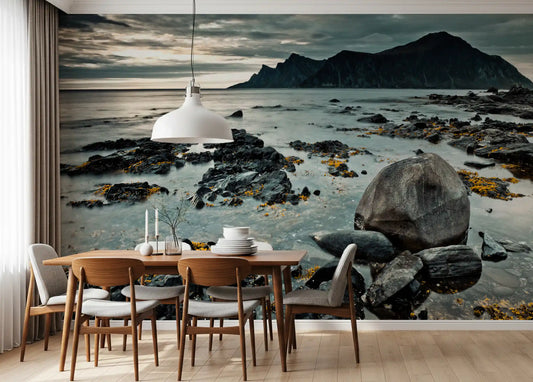 Coastal mountain wall mural with dark rocks and golden seaweed shore in dining room GD11377