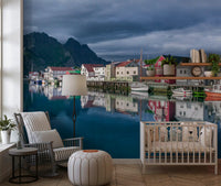 Nordic Mountain Village Waterfront Wall Mural