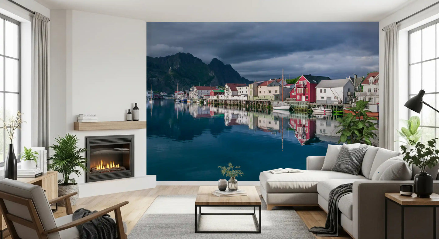 Nordic Mountain Village Waterfront Wall Mural