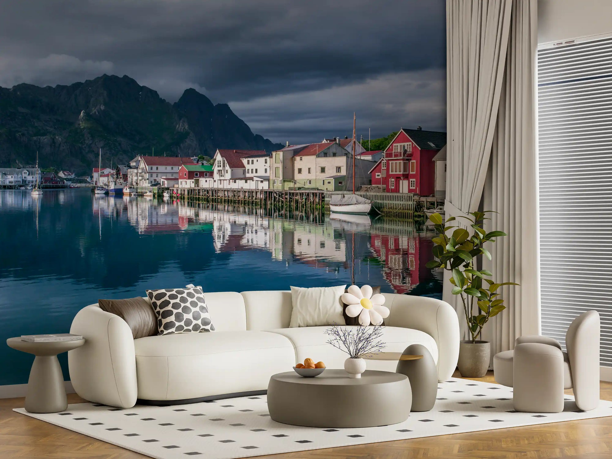 Mountain village wall mural with red waterfront houses and calm harbour GD11378