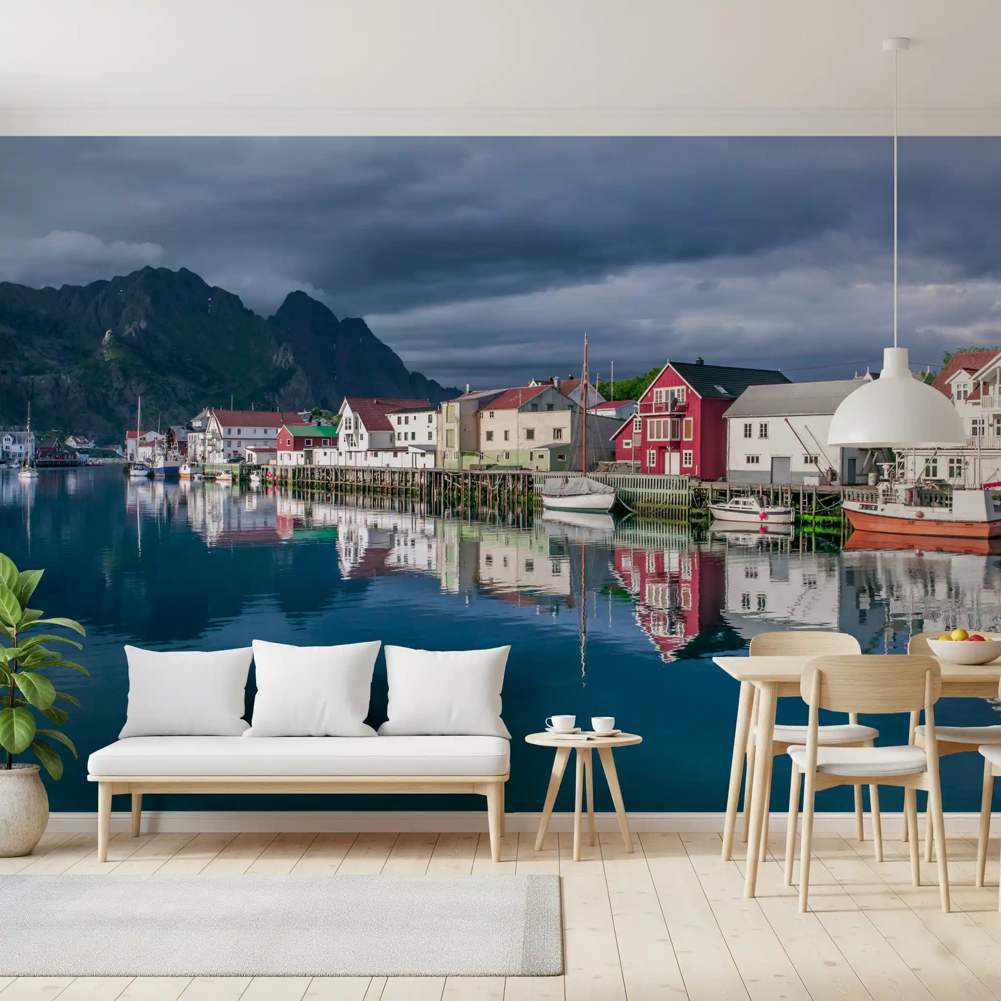 Nordic Mountain Village Waterfront Wall Mural