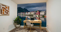 Nordic Mountain Village Waterfront Wall Mural
