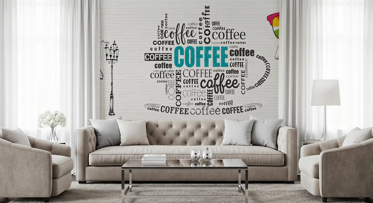 Coffee typography wall mural with layered lettering on white brick GD11380