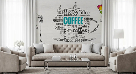 Coffee typography wall mural with layered lettering on white brick GD11380