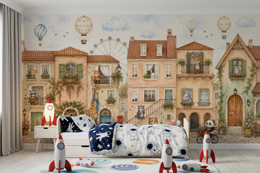 Watercolour animal town wall mural with pastel houses and red roofs in kids bedroom GD11381