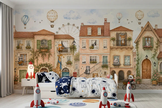 Watercolour animal town wall mural with pastel houses and red roofs in kids bedroom GD11381