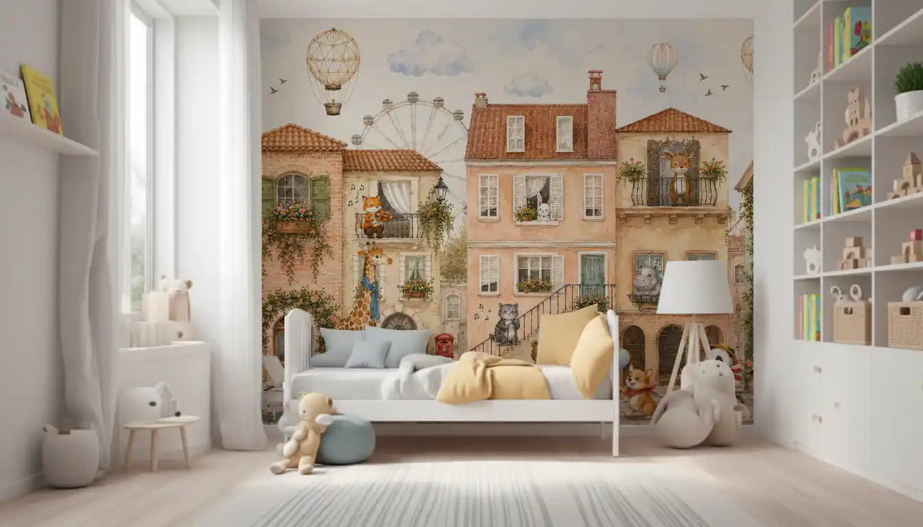 Charming Animal Town Scene Wall Mural
