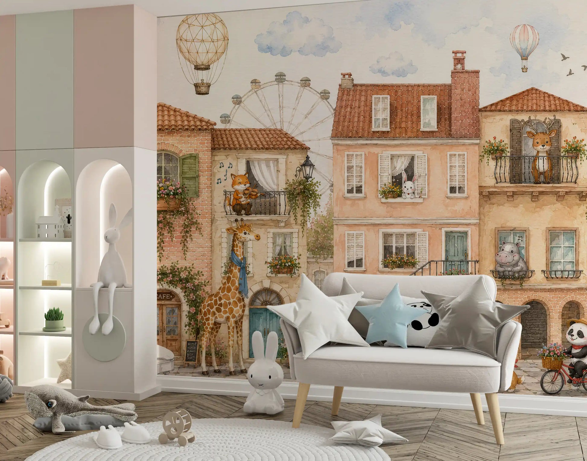 Charming Animal Town Scene Wall Mural