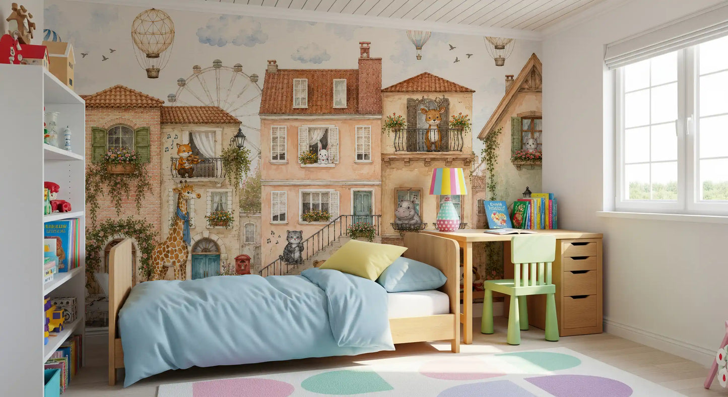 Charming Animal Town Scene Wall Mural