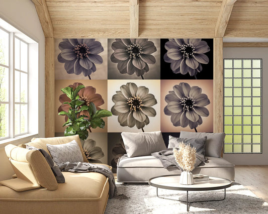 Vintage dahlia grid wall mural with nine toned flower panels GD11382