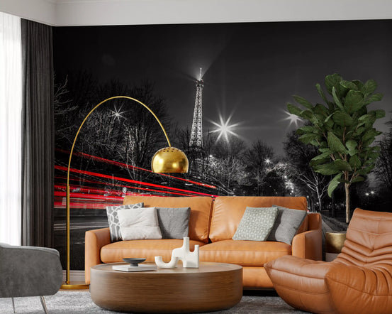 Night cityscape wall mural with a floodlit iron tower and red light trails GD11383