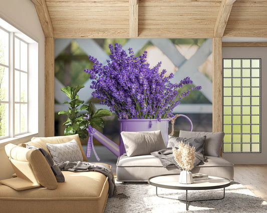 Purple lavender stems in a lilac watering can in a garden wall mural GD11384