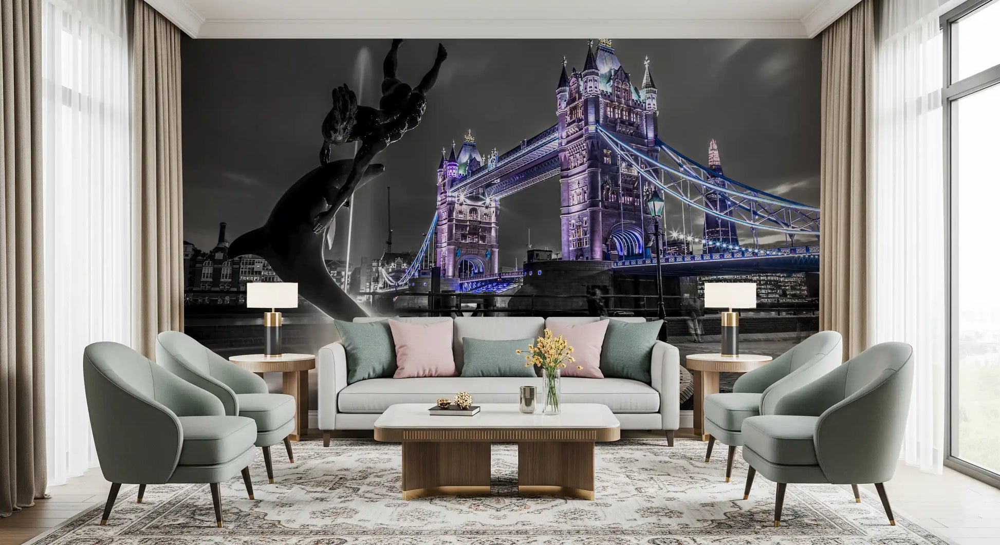 London Bridge Night Fountain View Wall Mural