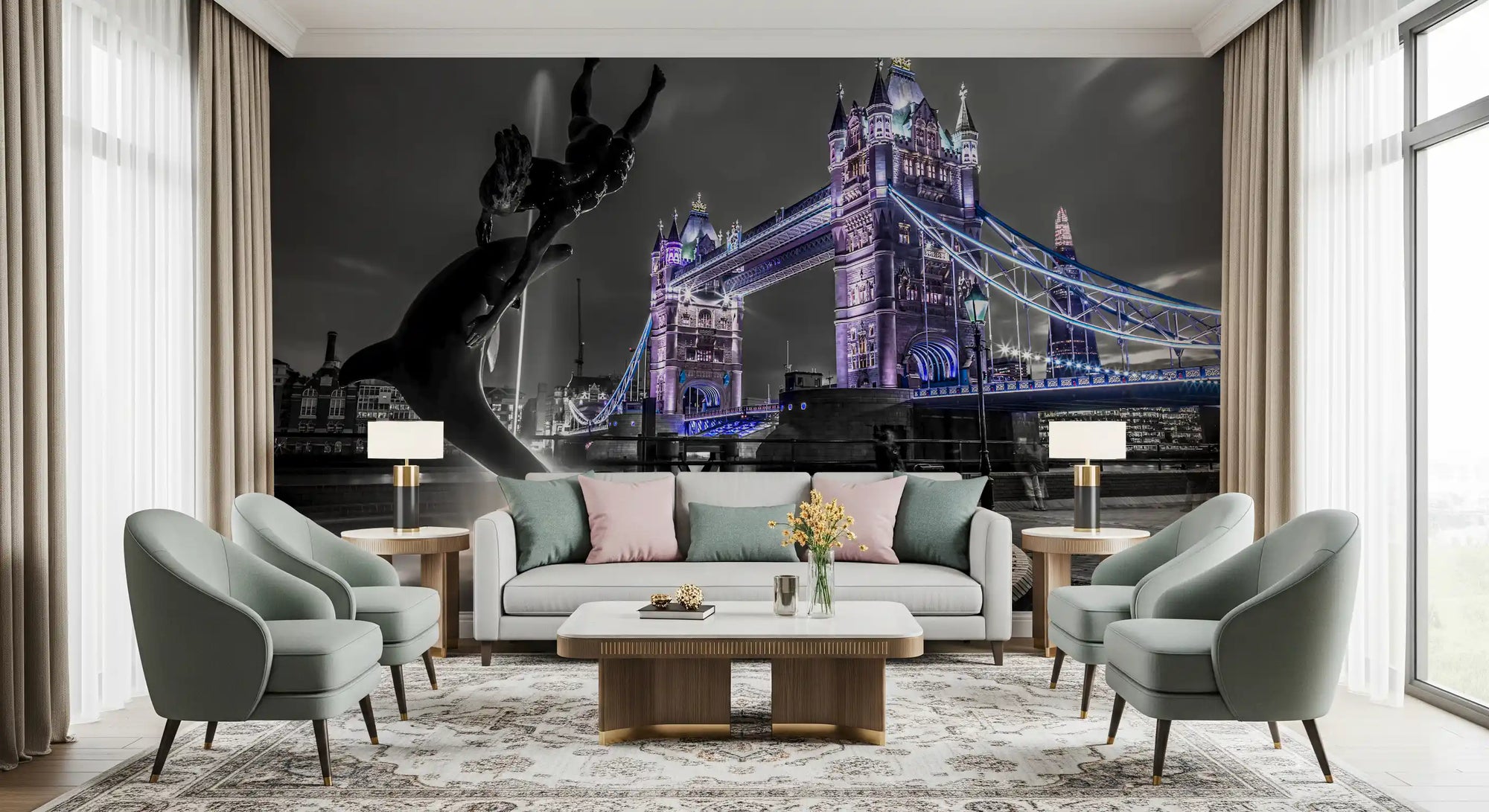 Night cityscape wall mural with a purple-lit bridge and a fountain statue GD11385