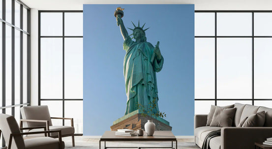 Green statue wall mural on a living room feature wall in blue tones GD11386