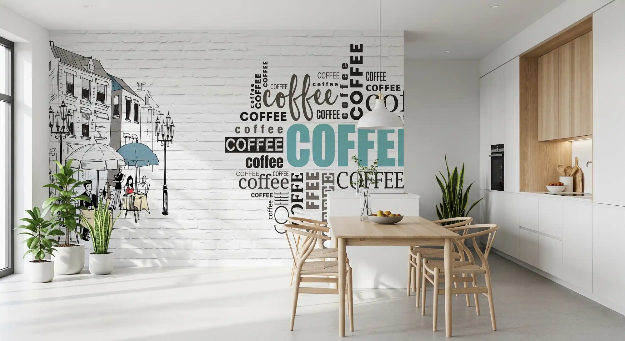 Sketched cafe street scene beside a repeated coffee word cloud mural in dining room GD11387
