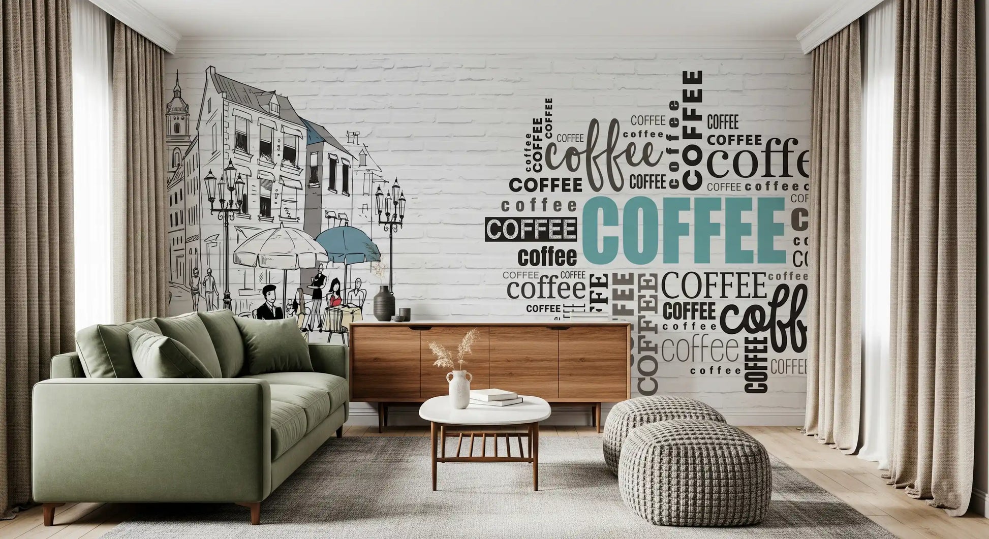 Hand-Drawn Bistro Narrative Wall Mural