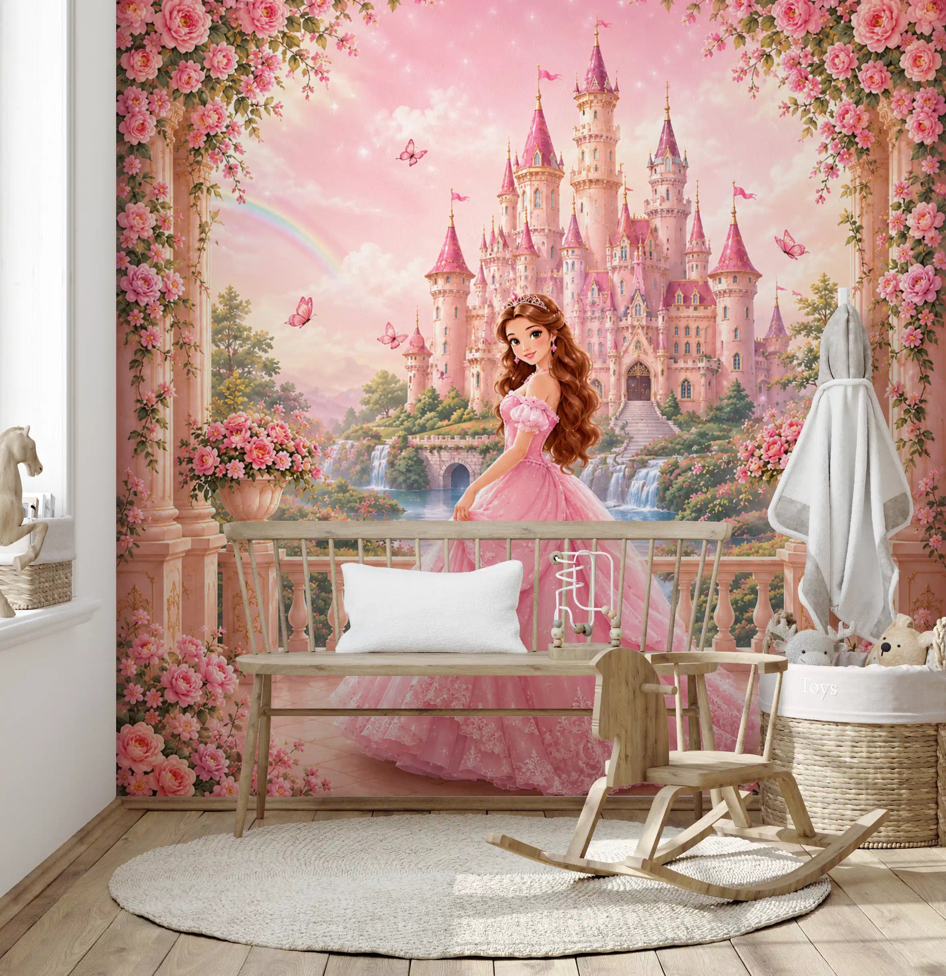 Pink Castle Princess Garden Scene Wall Mural