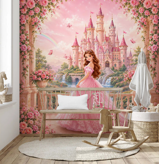 Pink Castle Princess Garden Scene Wall Mural