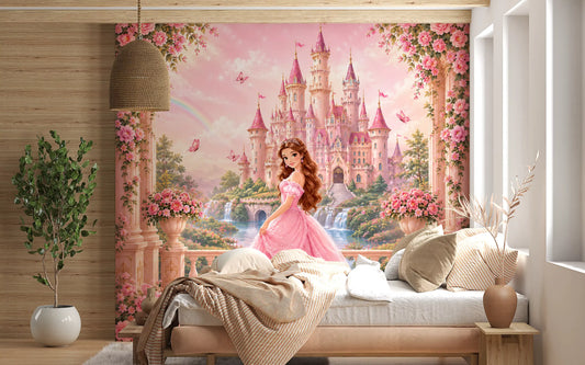 Pink Castle Princess Garden Scene Wall Mural