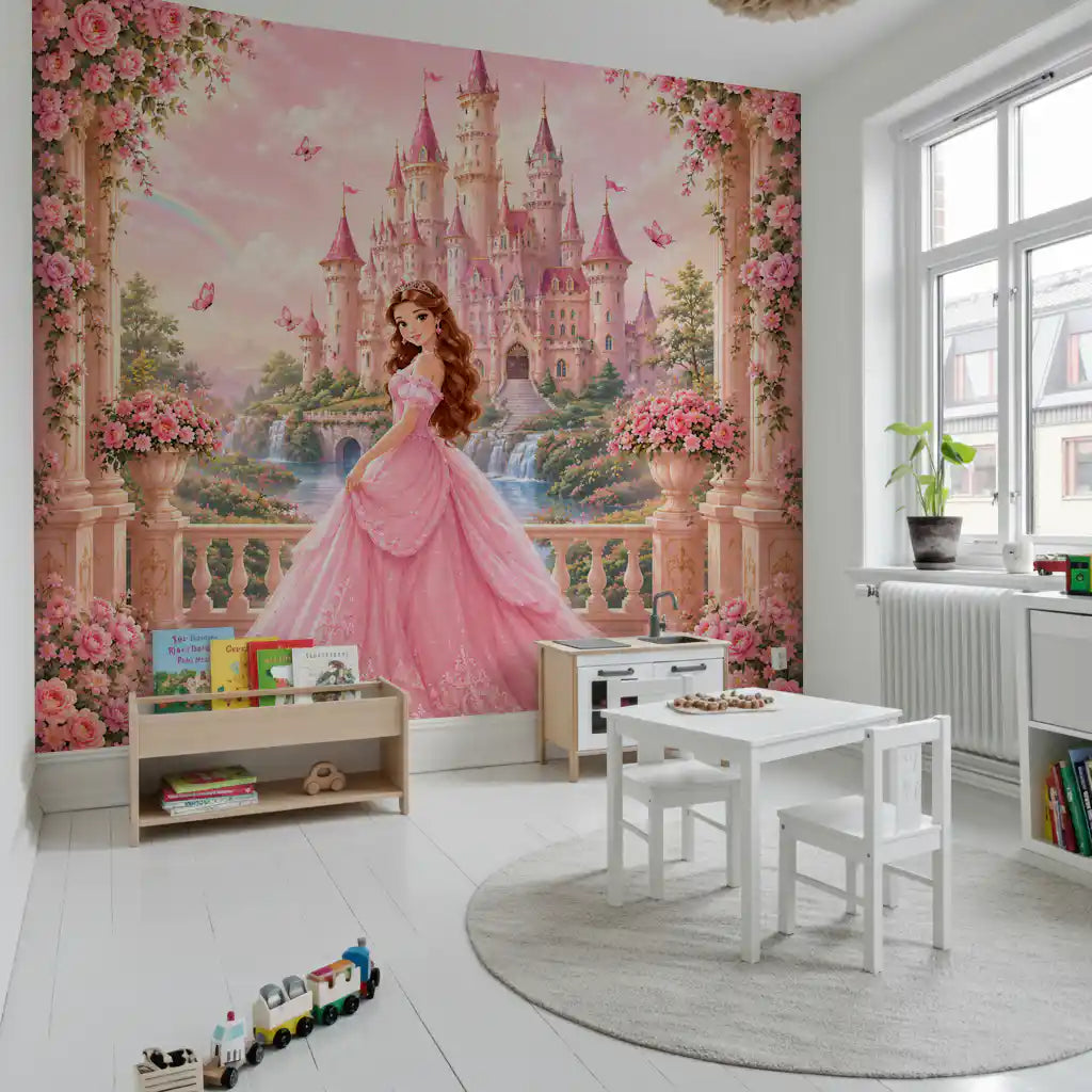 Pink Castle Princess Garden Scene Wall Mural