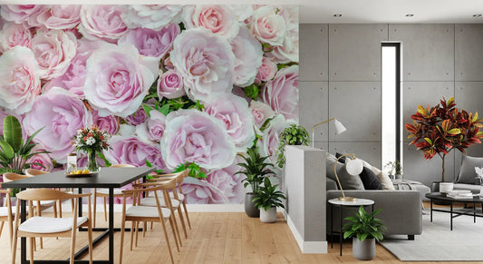 Soft blush roses in pink and lavender tones across a floral wall mural GD11389