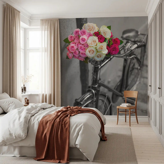 Pink and cream roses on the handlebars of a grey bicycle in a wall mural GD11390