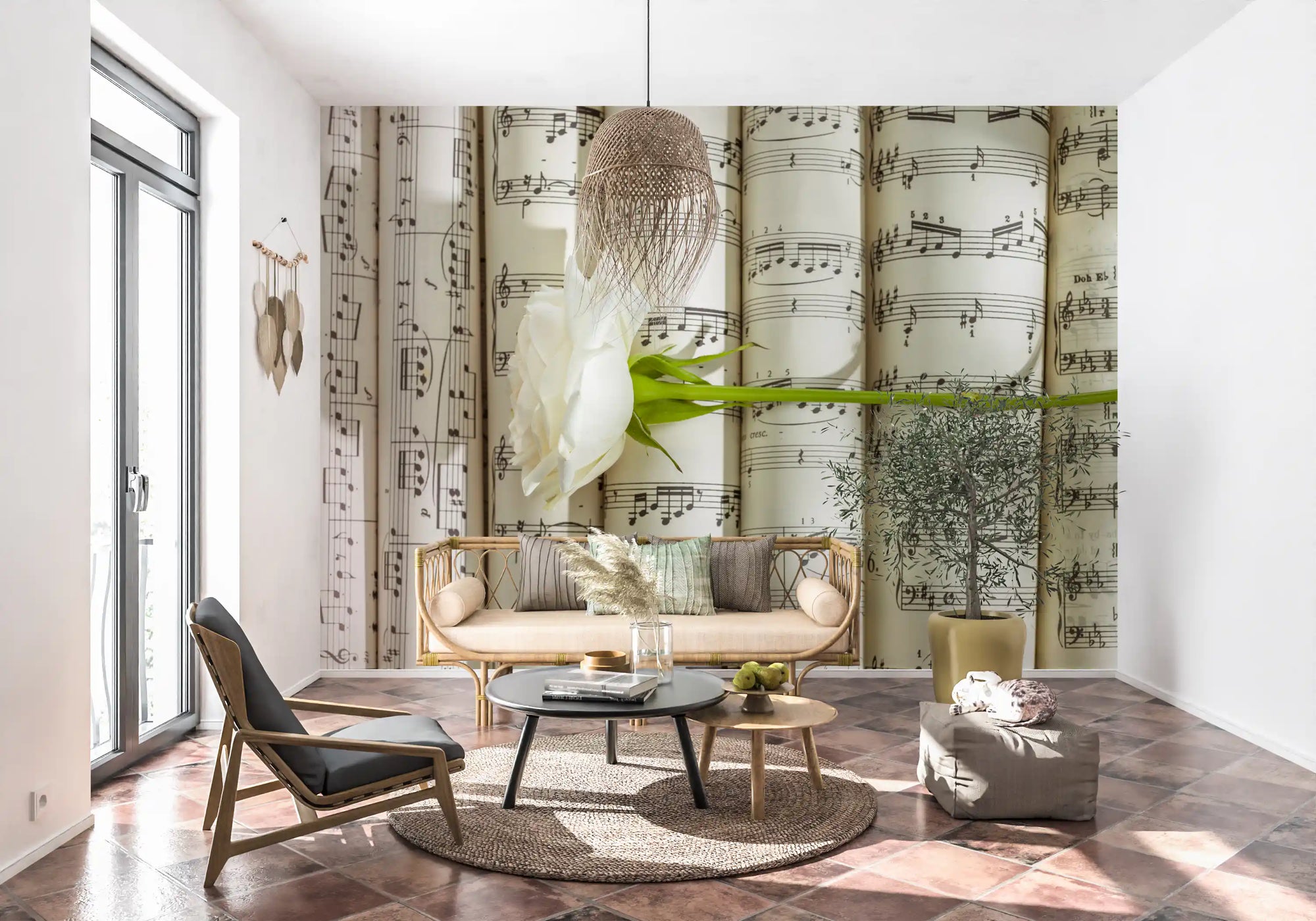 White rose resting on curled sheets of musical notation wall mural GD11391