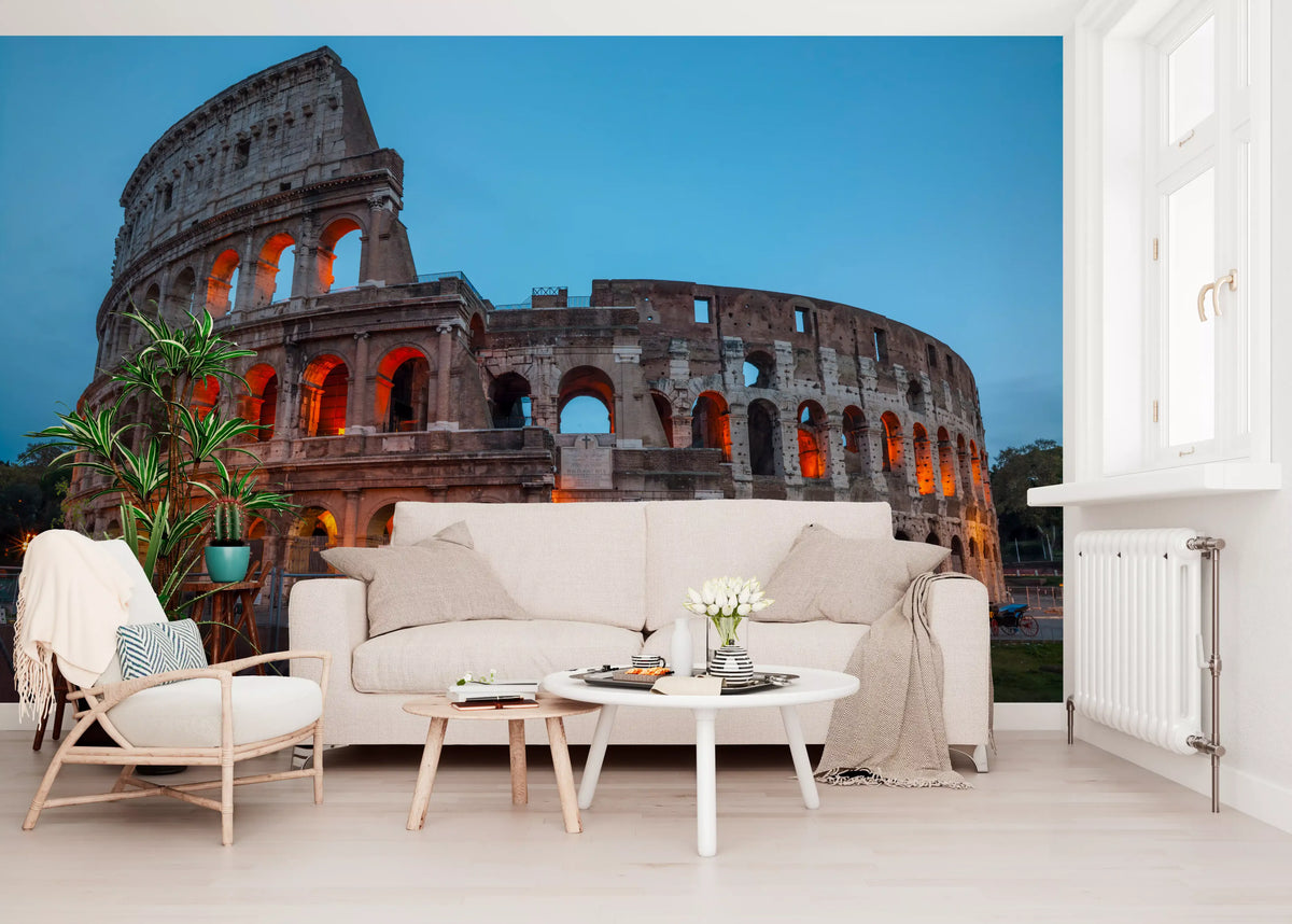 Ancient stone amphitheatre at dusk with warm amber lighting wall mural GD11392