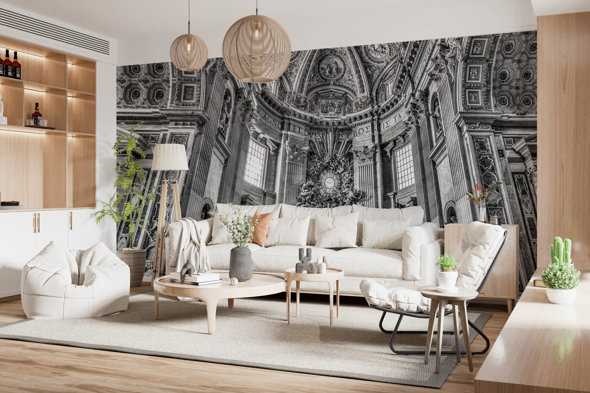 Vaulted cathedral interior with carved apse in black and white wall mural GD11393