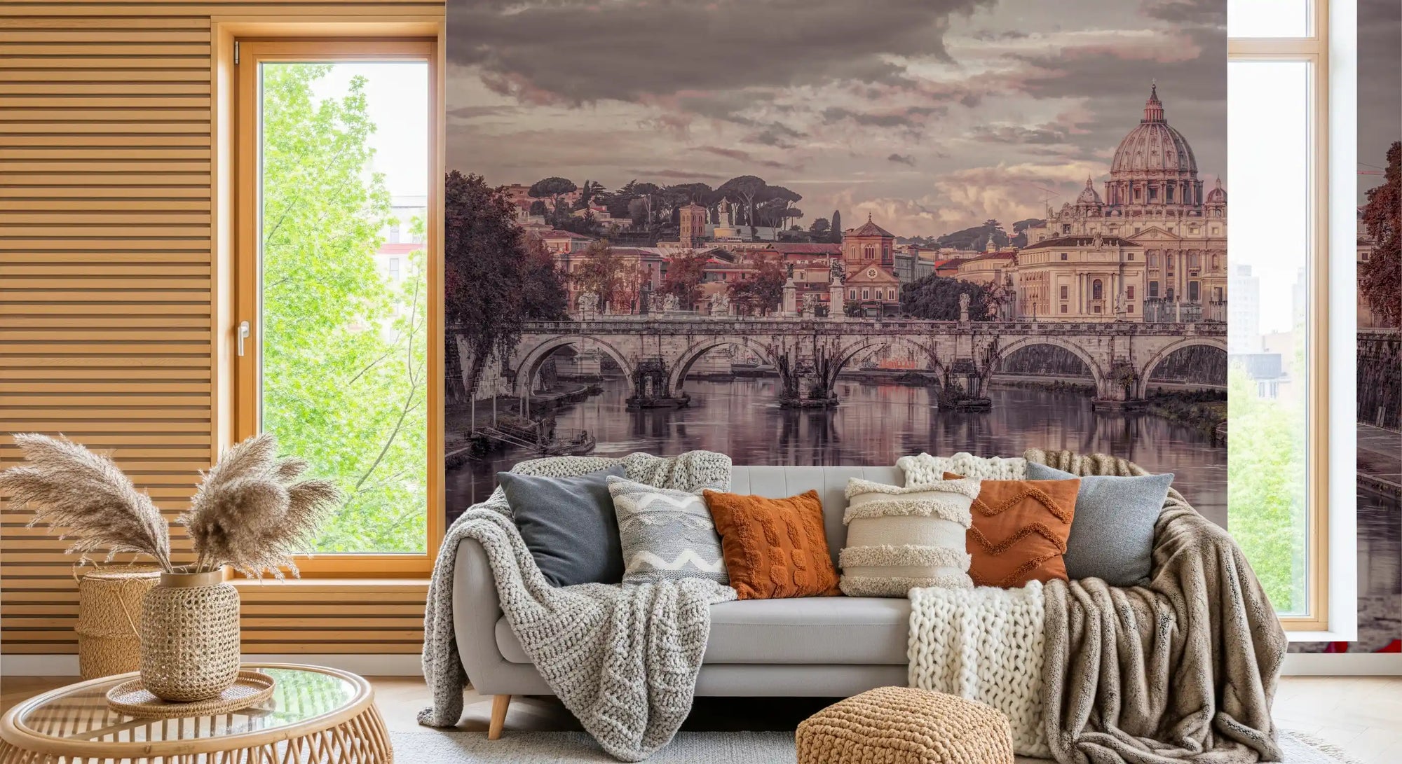 Living room wall in muted cityscape and rose petals mural GD11395