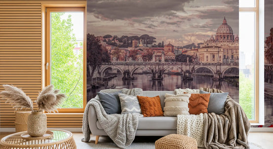 Living room wall in muted cityscape and rose petals mural GD11395